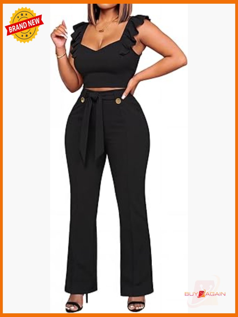 Sweetheart Neck Flounce Sleeve Crop Top Pants Set 2 Piece Dressy
